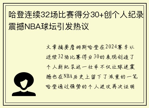 哈登连续32场比赛得分30+创个人纪录震撼NBA球坛引发热议