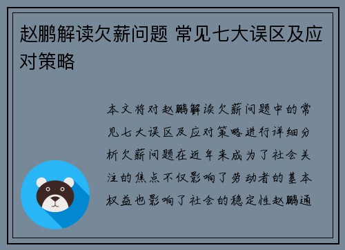 赵鹏解读欠薪问题 常见七大误区及应对策略